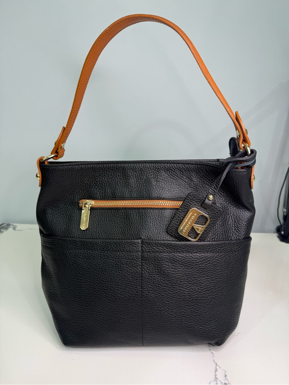 VALENTINA Made in Italy Black/Tan Pebbled Leather Shoulder/CrossBody Bag